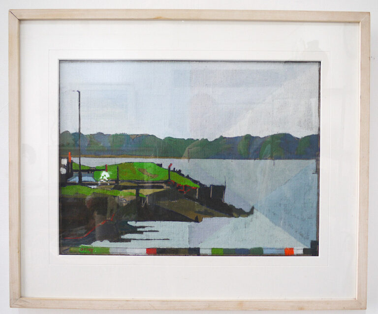 Piers Ottey painting in oils: Birdham Pool